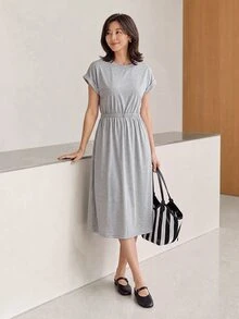 Yumoku Solid Dolman Sleeve Dress Casual Women Dresses - Light Grey - View 1