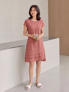 Yumoku 女士夏季多層搭配的圓領短袖連衣裙 - 藕粉色 - 查看 4