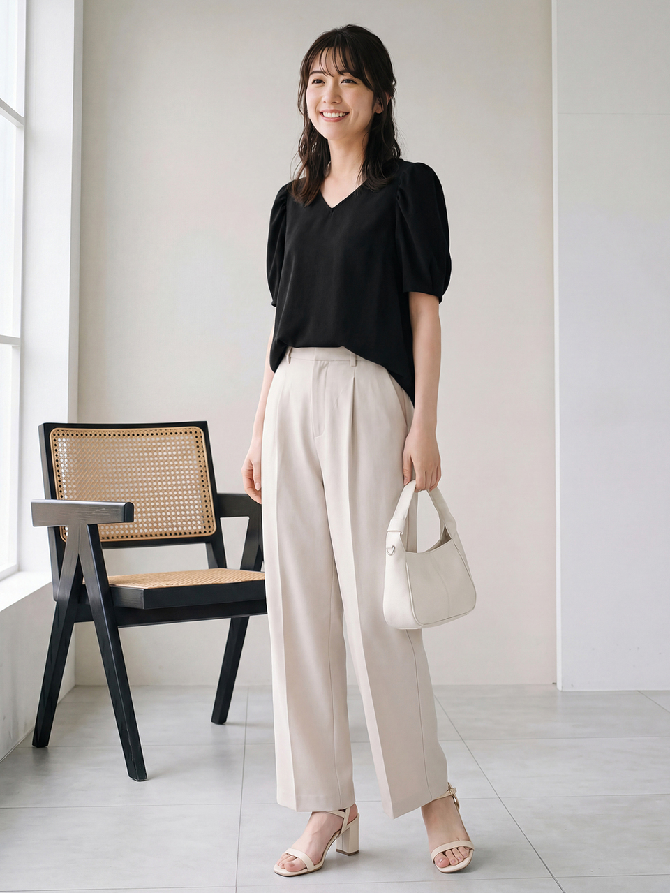 Solid Puff Sleeve V Neck Blouse,Casual