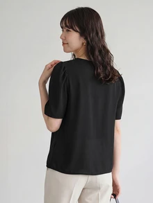 Yumoku Solid Puff Sleeve V Neck Blouse,Casual - Black - View 4