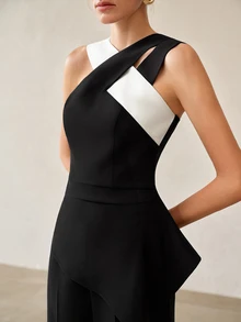 MOTF PREMIUM ELEGANT & EXQUISITE DESIGN CONTRAST COLOR ASYMMETRIC SHOULDER CRISS-CROSS STRAP SLEEVELESS WIDE LEG LONG 2 PIECES SET FOR WOMEN - Black - View 3