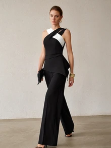 MOTF PREMIUM ELEGANT & EXQUISITE DESIGN CONTRAST COLOR ASYMMETRIC SHOULDER CRISS-CROSS STRAP SLEEVELESS WIDE LEG LONG 2 PIECES SET FOR WOMEN - Black - View 5