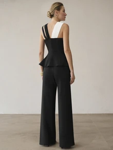 MOTF PREMIUM ELEGANT & EXQUISITE DESIGN CONTRAST COLOR ASYMMETRIC SHOULDER CRISS-CROSS STRAP SLEEVELESS WIDE LEG LONG 2 PIECES SET FOR WOMEN - Black - View 7