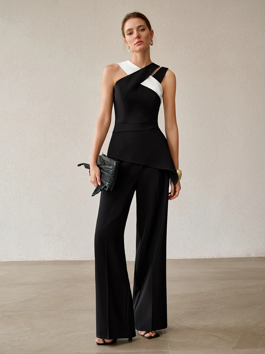 MOTF PREMIUM ELEGANT & EXQUISITE DESIGN CONTRAST COLOR ASYMMETRIC SHOULDER CRISS-CROSS STRAP SLEEVELESS WIDE LEG LONG 2 PIECES SET FOR WOMEN