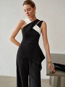 MOTF PREMIUM ELEGANT & EXQUISITE DESIGN CONTRAST COLOR ASYMMETRIC SHOULDER CRISS-CROSS STRAP SLEEVELESS WIDE LEG LONG 2 PIECES SET FOR WOMEN - Black - View 4