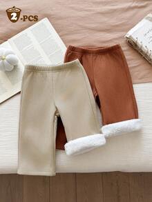 SHEIN 2件/包 嬰兒女童秋冬新款返校咖啡色與卡其色休閒寬鬆抓絨內裡厚磅燈芯絨長褲，純色無圖案，高腰鬆緊腰寬鬆直筒版型，適合學校、戶外、日常穿著，百搭休閒長褲 - 棕色 - 查看 4