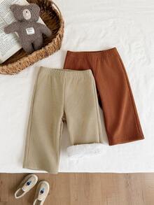 SHEIN 2件/包 嬰兒女童秋冬新款返校咖啡色與卡其色休閒寬鬆抓絨內裡厚磅燈芯絨長褲，純色無圖案，高腰鬆緊腰寬鬆直筒版型，適合學校、戶外、日常穿著，百搭休閒長褲 - 棕色 - 查看 2