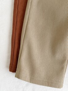 SHEIN 2件/包 嬰兒女童秋冬新款返校咖啡色與卡其色休閒寬鬆抓絨內裡厚磅燈芯絨長褲，純色無圖案，高腰鬆緊腰寬鬆直筒版型，適合學校、戶外、日常穿著，百搭休閒長褲 - 棕色 - 查看 5