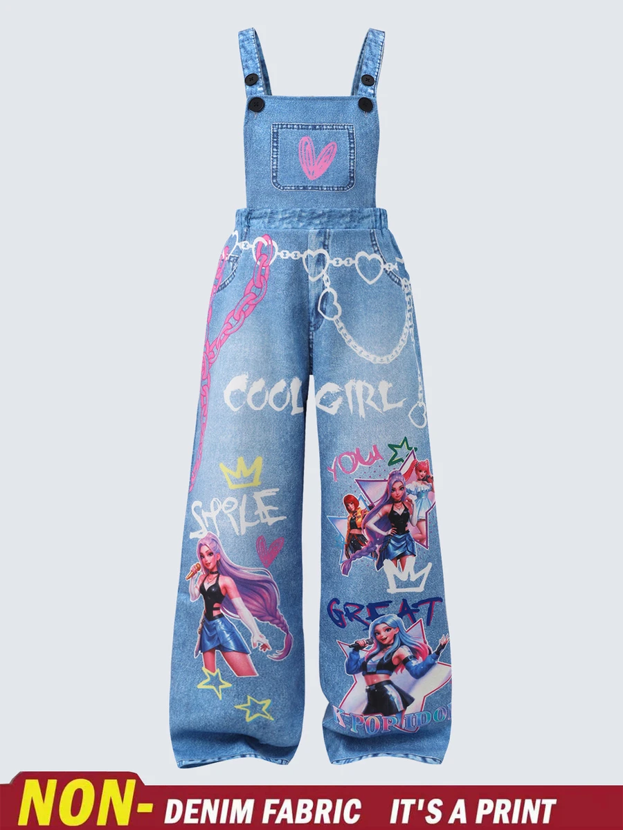 SHEIN 青少年女孩星星印花吊帶褲,適合返校季,春夏季秋季節日日常穿著,個性化服飾,藍色 Y2K 風格 - 藍色 - 查看 1