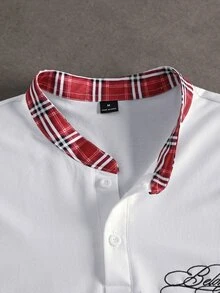 STEELVANCE 男士 Polo 領長袖 T 恤，格紋印花，精緻刺繡，休閒學院風，度假、假期郵輪，秋季紅白格紋 - 彩色 - 查看 5