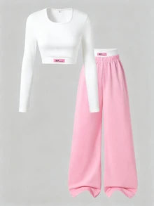 SHEIN 青少年女孩秋季穿搭上衣 2件/套圓領甜美輕便休閒 Y2K 修身短款長袖白色T恤與... - 彩色 - 查看 6
