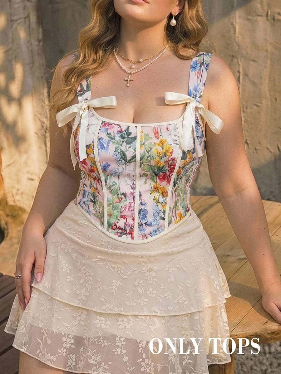 SHEIN MOD Plus Size Vintage Floral Bustier Tank Top For Women, Early Autumn , Spring/Summer , Romantic Vacation - Multicolor - View 1
