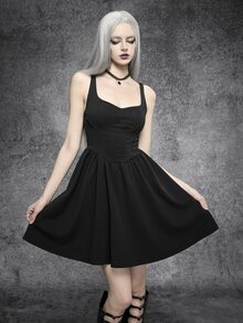 SHEIN ICON 純色魚骨裝飾黑色哥德風胸衣吊帶裙，秋冬款，萬聖節派對、約會、日常穿著 - 黑色 - 查看 1