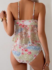 Bonvoyette Women's Holiday Fresh Ditsy Floral Ruffled Adjustable Spaghetti Strap Tankini Set, For Summer Beach Vacation - Multicolor - View 5