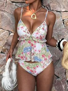 Bonvoyette Women's Holiday Fresh Ditsy Floral Ruffled Adjustable Spaghetti Strap Tankini Set, For Summer Beach Vacation - Multicolor - View 1