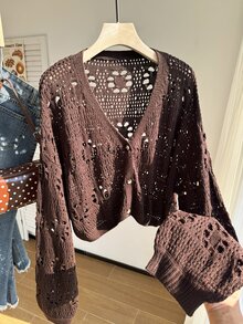 Comfortcana Plus Size Vacation Fashion Hollow Out Button Knit Cardigan Office Date Night Formal Brown Autumn 1960s 1920s Business Casual Winter - Brown - View 4