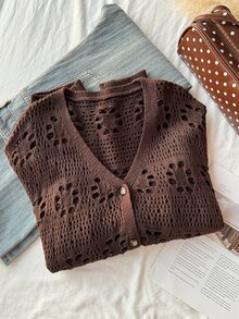 Comfortcana Plus Size Vacation Fashion Hollow Out Button Knit Cardigan Office Date Night Formal Brown Autumn 1960s 1920s Business Casual Winter - Brown - View 8