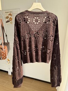 Comfortcana Plus Size Vacation Fashion Hollow Out Button Knit Cardigan Office Date Night Formal Brown Autumn 1960s 1920s Business Casual Winter - Brown - View 2