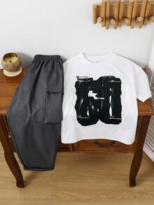SHEIN Little Byeori 兒童青少年男孩字母印花T恤與工裝褲套裝 - 彩色 - 查看 4