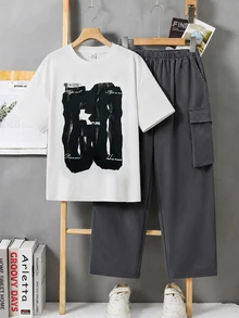 SHEIN Little Byeori 兒童青少年男孩字母印花T恤與工裝褲套裝 - 彩色 - 查看 2