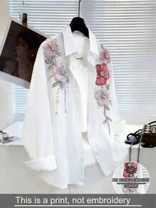 SHEIN Tween Girls 1pc Tween Girls' Turn Collar Long Sleeve Button-Up Shirt With Embroidered Graphic On Chest, Casual Top, Autumn, Outfit, Comfortable, Daily - White - View 4