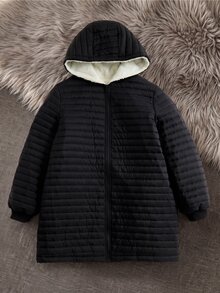 Rusticease Plus Size Black White Fleece Zip Textured Hooded Extra Long Sleeve Top Elegant Casual Fall Winter 2026 - Black and White - View 12