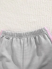 Genkimix Kids 女童 2 件套運動休閒套裝，圓領短袖數字印花側條紋上衣，彈性腰寬腿褲附側邊蝴蝶結裝飾 - 淺灰色 - 查看 9