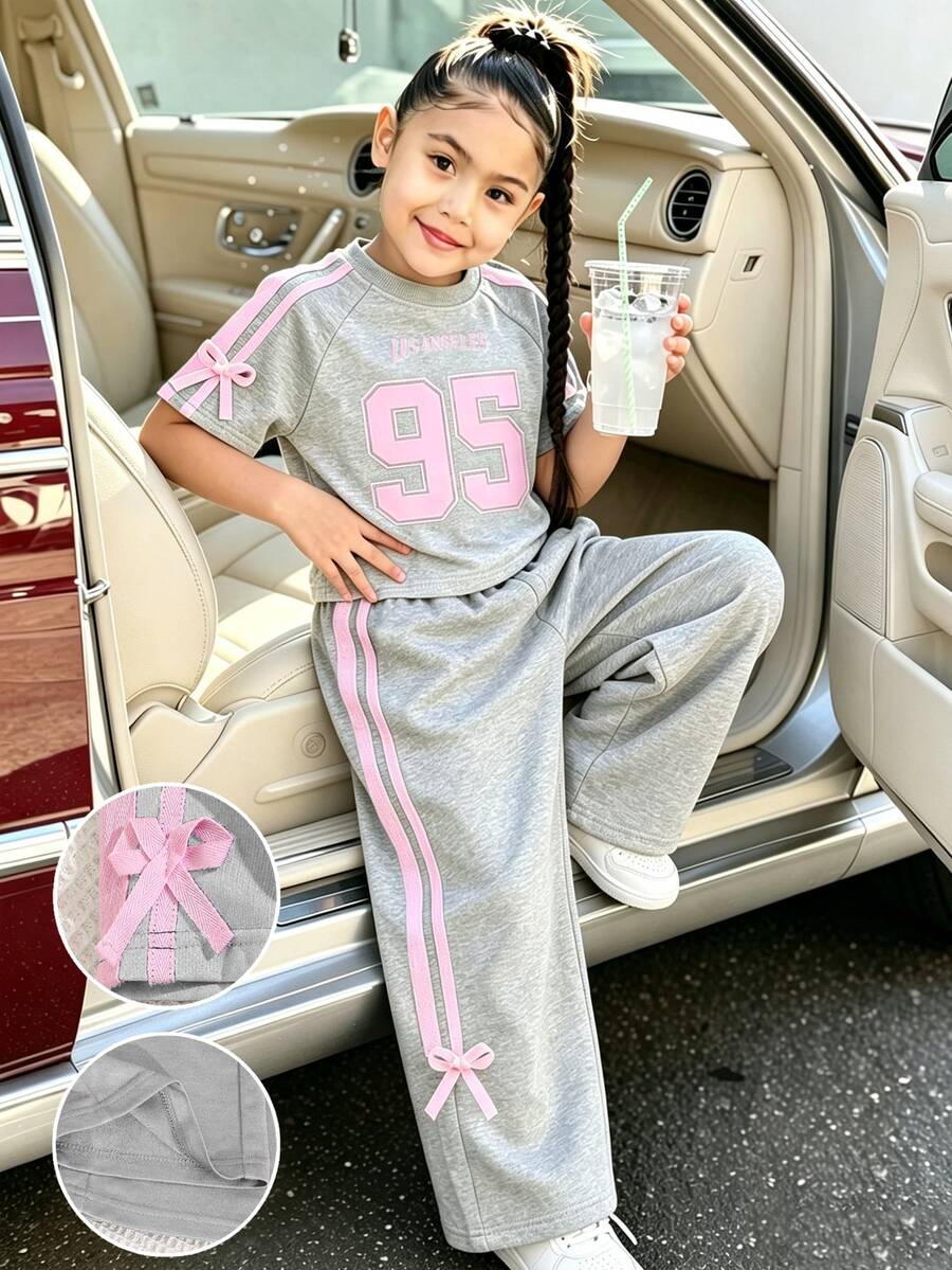 Genkimix Kids 女童 2 件套運動休閒套裝，圓領短袖數字印花側條紋上衣，彈性腰寬腿褲附側邊蝴蝶結裝飾