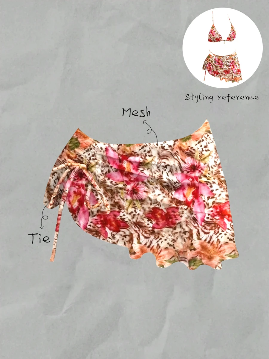 Elavelle Multicolor Floral Mesh Semi-Sheer Knot Detail Short Cover Up For Women - Multicolor - View 1