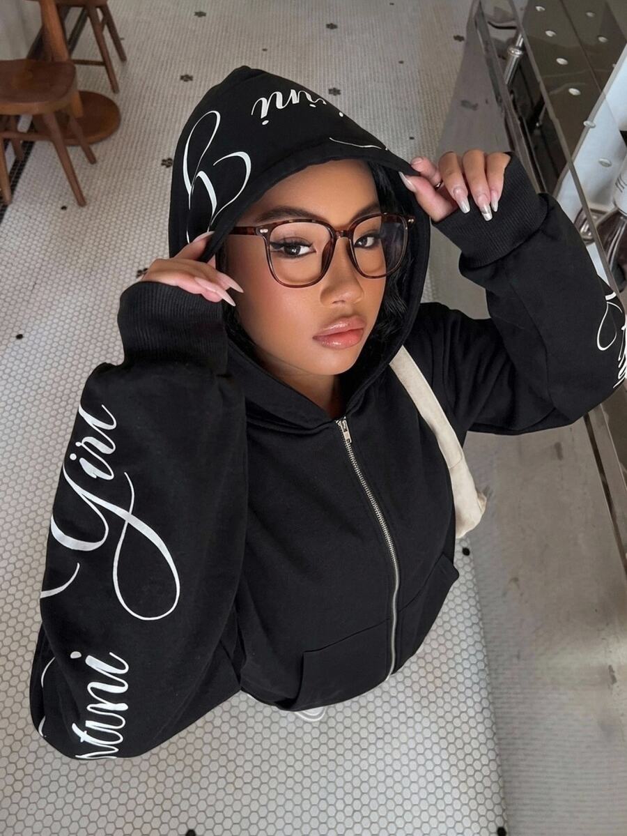 SHEIN 青少年女孩黑色連帽拉鍊運動衫,長袖字母設計休閒寬鬆版型,返校季 - 黑色 - 查看 1