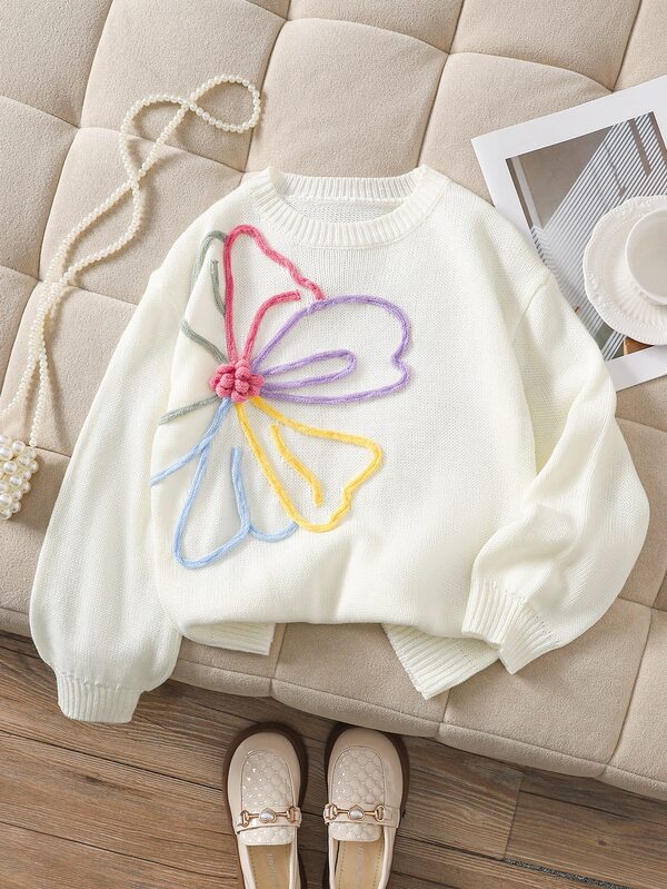 Sweater Anak Perempuan Motif Bunga Putih, Gaya Sekolah Musim Gugur yang Lucu untuk Kembali ke Sekolah, Bordir Bunga 3D, Leher Bulat Longgar Lengan Panjang, Lembut dan Nyaman untuk Perpisahan