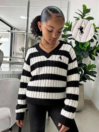 SHEIN Tween Girl Minimalist V-Neck Long Sleeve Sweater, Casual Daily Wear, Autumn/Winter Long Sleeve Top, Preppy V-Neck Long Sleeve Sweater, Embroidered Sweater, Fall/Winter