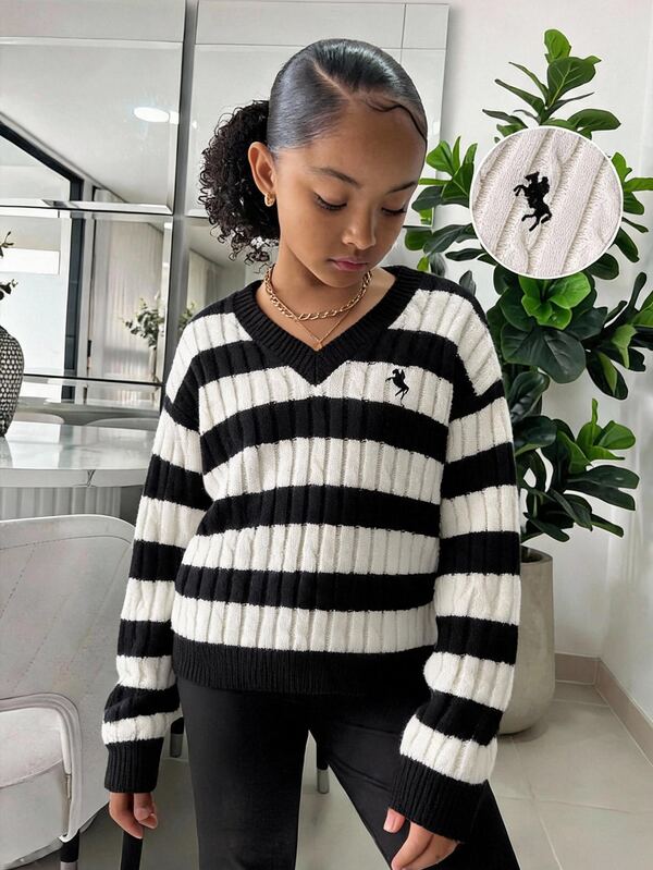 SHEIN Tween Girl Minimalist V-Neck Long Sleeve Sweater, Casual Daily Wear, Autumn/Winter Long Sleeve Top, Preppy V-Neck Long Sleeve Sweater, Embroidered Sweater, Fall/Winter