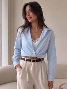 SHEIN PariChic Women's 2 In 1 Lace Patchwork Turn-Down Collar Elegant Light Blue Long Sleeve Blouse, Fashion Commute Knot Hem Design Top - Blue and White - View 8