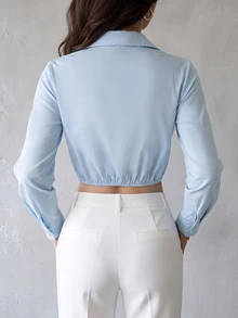 SHEIN PariChic Women's 2 In 1 Lace Patchwork Turn-Down Collar Elegant Light Blue Long Sleeve Blouse, Fashion Commute Knot Hem Design Top - Blue and White - View 3