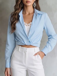 SHEIN PariChic Women's 2 In 1 Lace Patchwork Turn-Down Collar Elegant Light Blue Long Sleeve Blouse, Fashion Commute Knot Hem Design Top - Blue and White - View 5