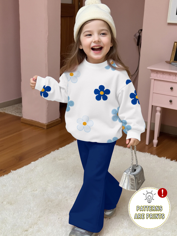 SHEIN Playful Pals 一套女婴休闲可爱碎花印花圆领卫衣和喇叭裤套装，秋冬季