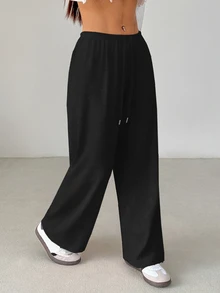 SHEIN PETITE 女款純色抽繩腰鬆軟針織寬鬆休閒長褲，秋冬款，寬腿褲，適合嬌小女性 - 黑色 - 查看 6