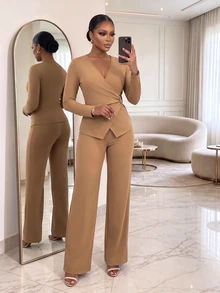 SHEIN Lady CURVE Setelan 2 Potong Kasual Sehari-hari untuk Wanita Ukuran Plus, Atasan Lengan Panjang Leher V Warna Polos dan Celana Panjang untuk Musim Gugur. - Khaki - View 5