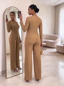 SHEIN Lady CURVE Setelan 2 Potong Kasual Sehari-hari untuk Wanita Ukuran Plus, Atasan Lengan Panjang Leher V Warna Polos dan Celana Panjang untuk Musim Gugur. - Khaki - View 2