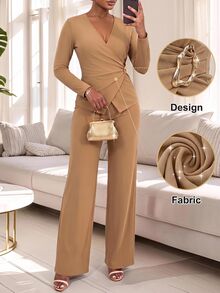SHEIN Lady CURVE Setelan 2 Potong Kasual Sehari-hari untuk Wanita Ukuran Plus, Atasan Lengan Panjang Leher V Warna Polos dan Celana Panjang untuk Musim Gugur. - Khaki - View 1