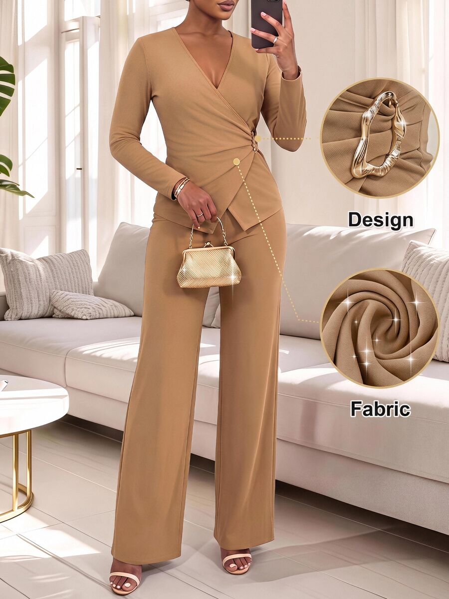 SHEIN Lady CURVE Setelan 2 Potong Kasual Sehari-hari untuk Wanita Ukuran Plus, Atasan Lengan Panjang Leher V Warna Polos dan Celana Panjang untuk Musim Gugur. - Khaki - View 1