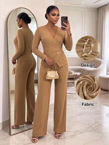 SHEIN Lady CURVE Setelan 2 Potong Kasual Sehari-hari untuk Wanita Ukuran Plus, Atasan Lengan Panjang Leher V Warna Polos dan Celana Panjang untuk Musim Gugur. - Khaki - View 6
