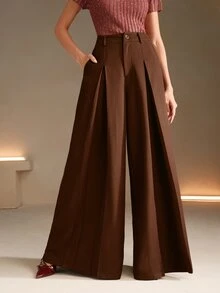 Anewsta Essential 女士咖啡棕色阔腿裤，宽松直筒休闲阔腿裤，秋冬季优雅风格 - 摩卡棕 - 查看 5
