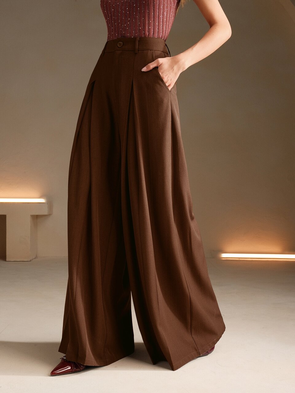 Anewsta Women's Mocha Brown Casual Wide Leg Long Pants With Button Pocket Zipper Details Non-Stretch Woven Fabric