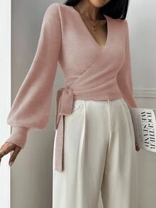 Balvessa Floral Wrap-Style Cropped V-Neck Tie-Waist Long Puff Sleeve Casual Elegant Women Sweater - Pink - View 6