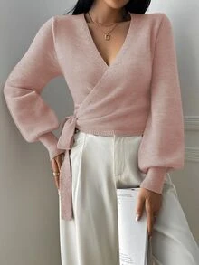 Balvessa Floral Wrap-Style Cropped V-Neck Tie-Waist Long Puff Sleeve Casual Elegant Women Sweater - Pink - View 5