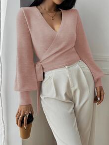 Balvessa Floral Wrap-Style Cropped V-Neck Tie-Waist Long Puff Sleeve Casual Elegant Women Sweater - Pink - View 7