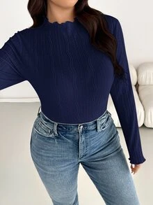 SHEIN Essnce 大尺碼秋冬休閒純色紋理T恤 - 藏蓝色 - 查看 3