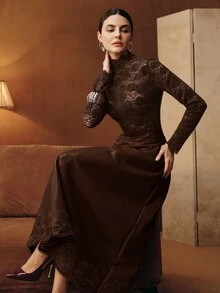 Anewsta 女士休闲镂空玫瑰蕾丝荷叶边修身高领上衣，适合冬季、春季、新年、圣诞节、情人节、工作、感恩节、节日、派对、婚礼等场合，时尚别致，适合正式场合。 - 咖啡棕 - 查看 4